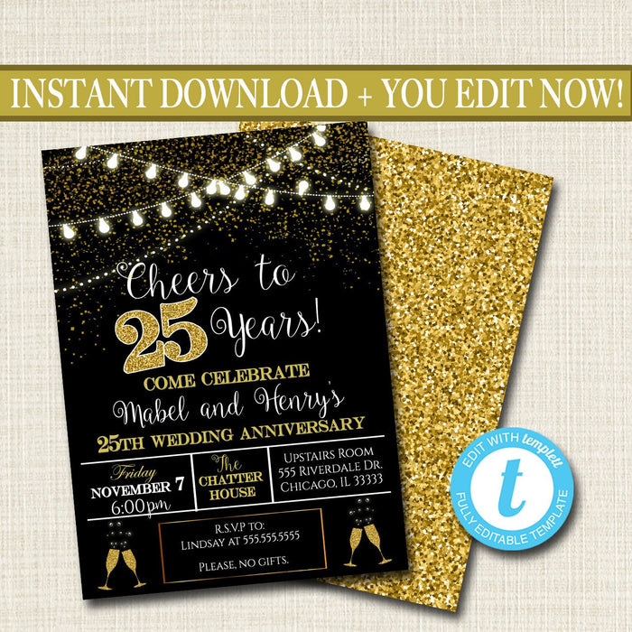 25th Party Invitation, Birthday Printable Cheers to Twenty Five Years, — TidyLady Printables